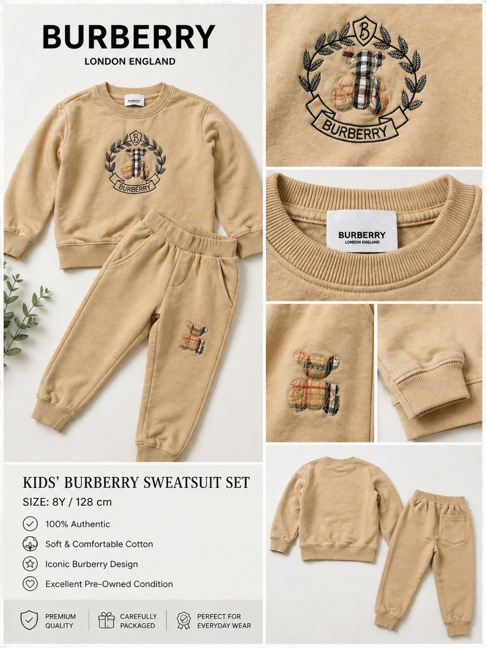 Burberry Beige Kids Sweatshirt & Joggers Set with Embroidered Crest boy & girl